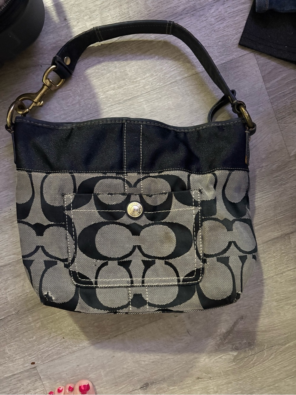 Coach Black and Gray Signature Canvas Shoulder Bag